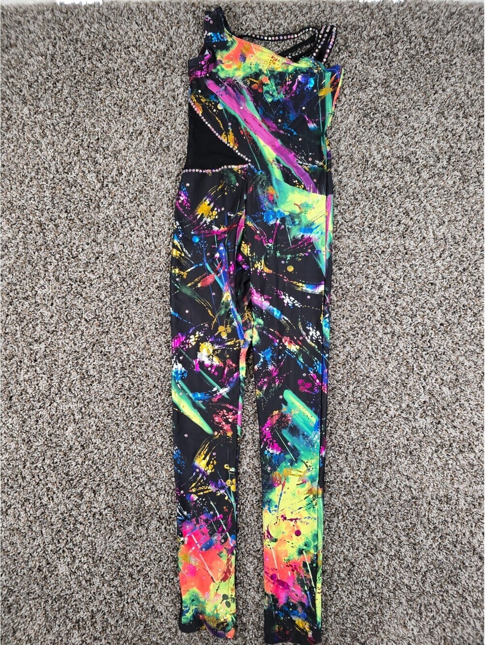 Girls Sz 12 Colorful Paint Splatter Dance Leotard Pants Neon Colors